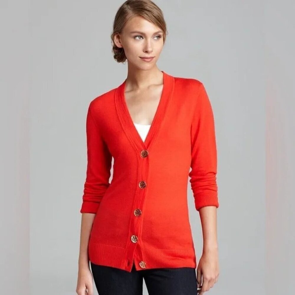 Tory Burch Red V-Neck Button Cardigan